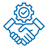 an icon with two hands shaking and a gear in the middle that has a tick in the centre but in the colour 017cba-1